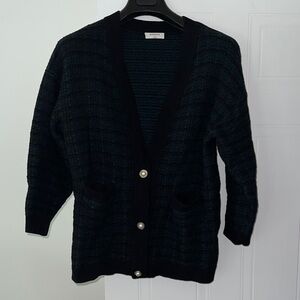 Babaton Dark Green+Black Knit Wool Cardigan with Pearl Buttons